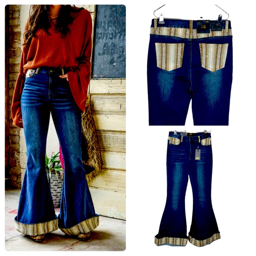 Lucky & Blessed Women’s Brown Aztec Print Cuffed Dark Wash Denim Flare Jeans